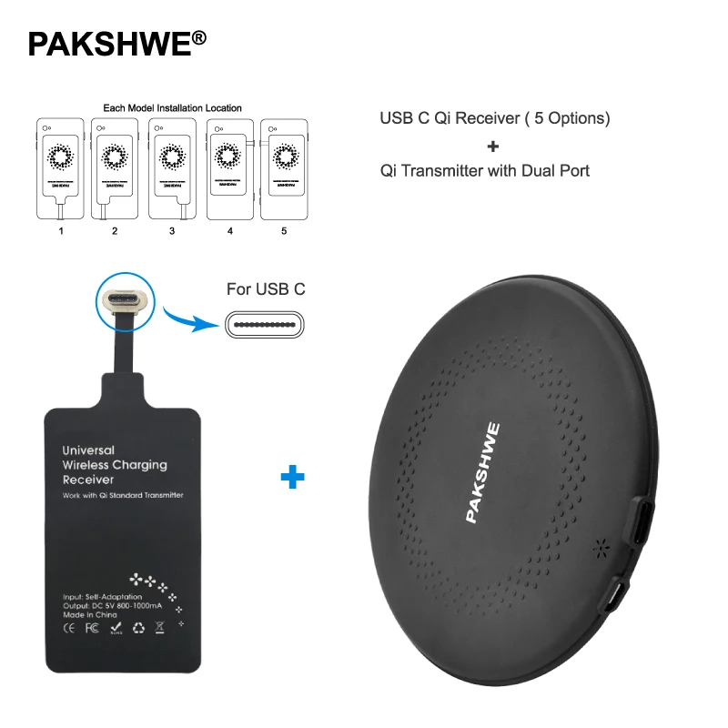 

Type C Qi Wireless Charger Kit 5W Qi Transmitter & TI-Chip Receiver Adapter Bundle for Huawei P9Plus Android USB C Smartphones