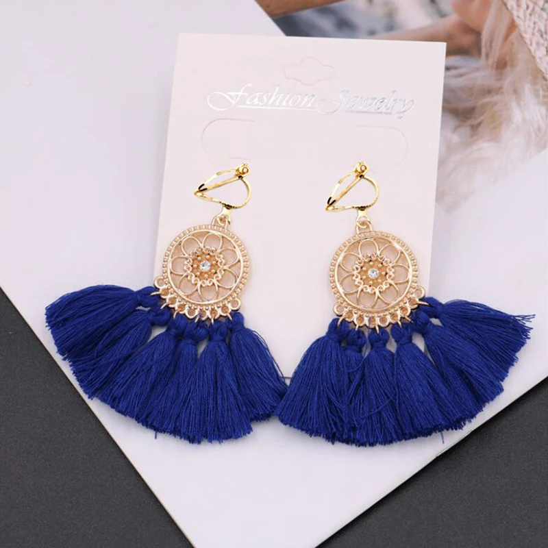 JIOFREE Tassel earrings bohemian statement luxury long Clip On Earrings Without Piercing handmade women geometric Boho Jewelry