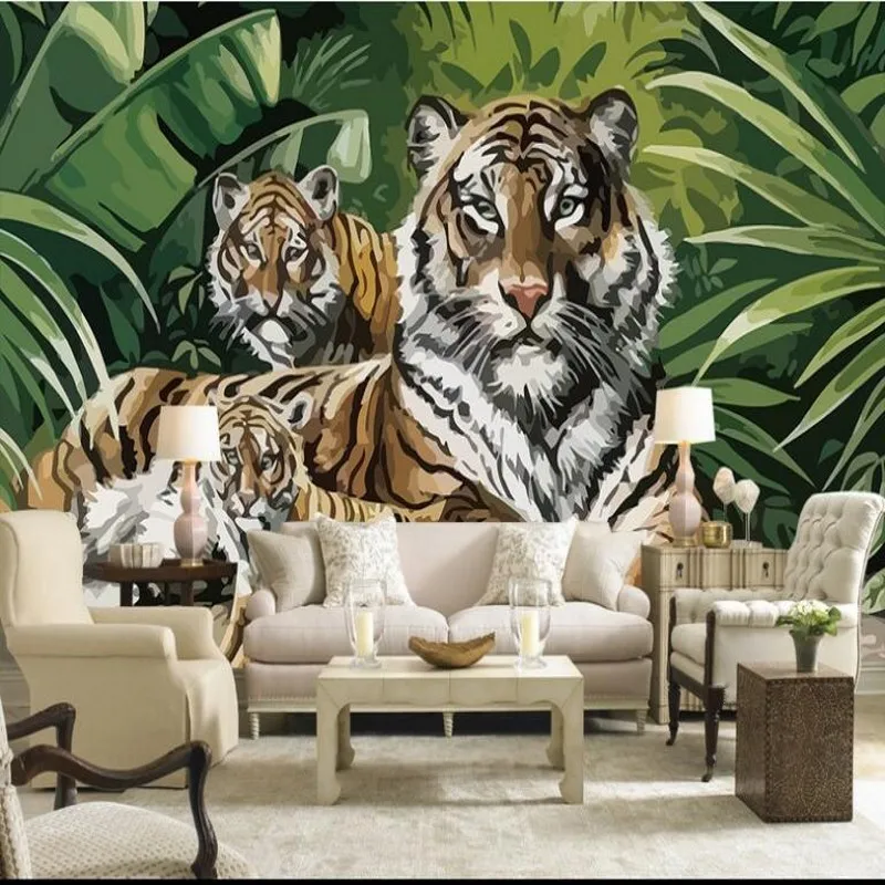 wellyu Custom large fresco hand painted retro tiger landscape shock 3D TV backdrop nonwovens super green wallpaper