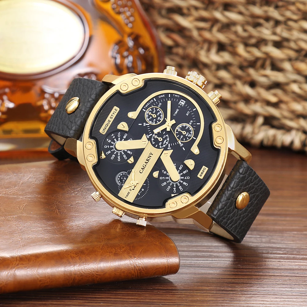 Luxury Cagarny Quartz Watch Men Black Leather Strap Golden Case Dual Times Military dz Relogio Masculino Casual Mens Watches Man