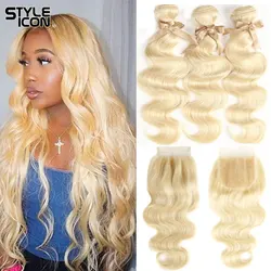 Styleicon – tissage Body Wave avec Closure, cheveux brésiliens Remy, blond miel 613