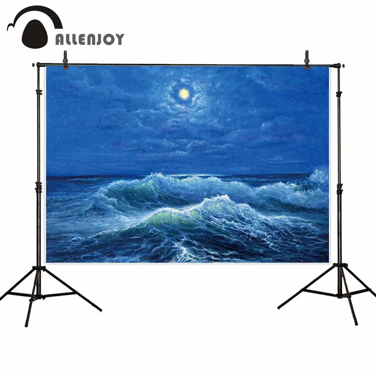 Allenjoy professional photography studio background endless vast blue sea wave cloud bright moon backdrop oil painting photocall