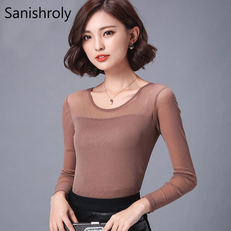 

Sanishroly 2018 Summer Autumn Women Long Sleeve Blouses Thin Lace Blouse Ladies Solid Mesh Bottoming Shirt Tops Plus Size SE106