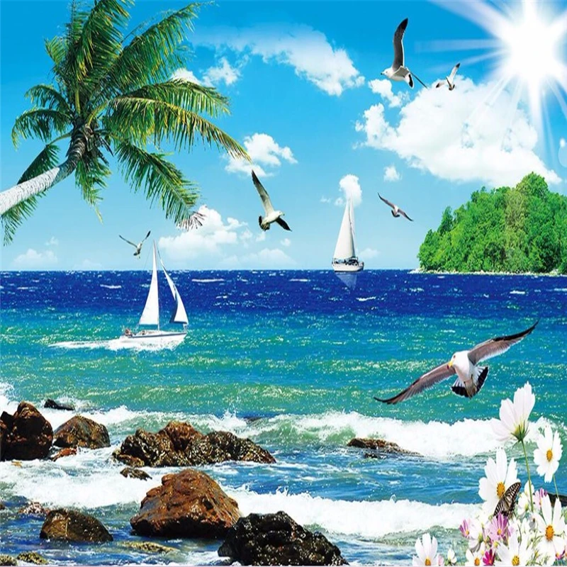 

beibehang wall paper HD Seagull sea island blue sky palm sailboat large mural wall papers home decor wallpaper for walls 3 d