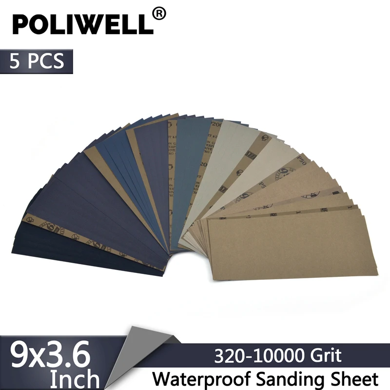 Poliwell lixa folhas 9x3.6 Polegada lixa à prova dsandágua 320-10000 grão molhado seco lixa papel para carro madeira metal polimento 5 pces