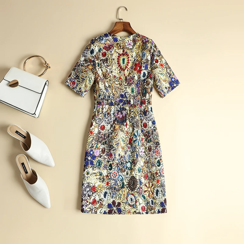 Women Runway Dress 2023 High Quality O-Neck Short Sleeve Printed Beading Casual Mini Dress NP0698N