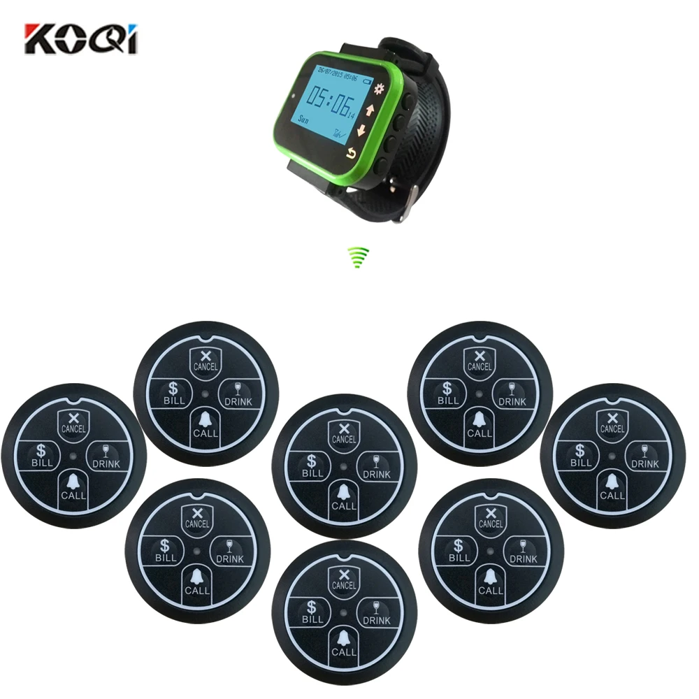 

Easy To Use 8 pcs call button 1 receiver watch 433MHZ Restaurant Fast food Wireless Paging System