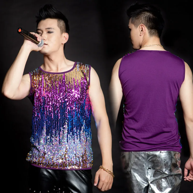 

Jazz Costumes Bar Stage Nightclubs Male Singer Ds Colorful Gradient Sequins Sleeveless Vest Top Men Stage Show Clothes DNV10065