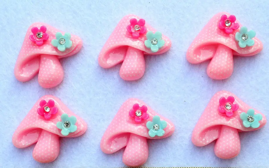 80pcs big pink adorable Large polka dots Mushroom w/ flower rhinestone Cabochon Cabs 36mm Resin