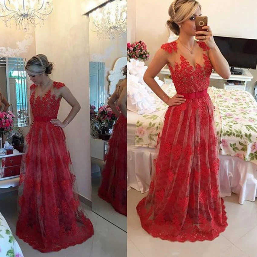 New V-neck Appliques Prom Dresses Red Lace Beaded Button Back Floor-length Real A-line Sheer Neck Latest Evening Party Dresses