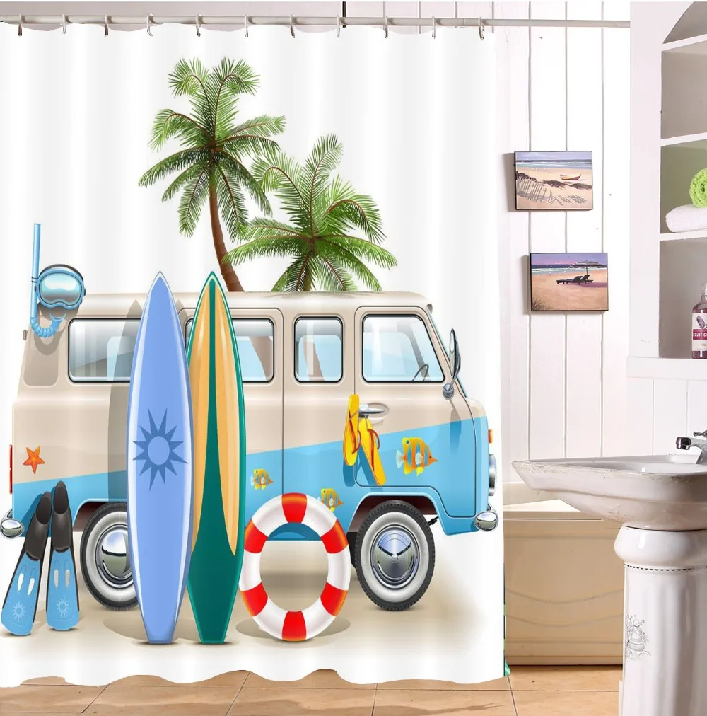 Car Travel Swim Ring Surfboard Camper White Shower Curtain And Mat Set Waterproof Polyester Bathroom Fabric For Bathtub Decor