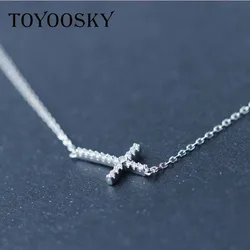 TOYOOSK Real. 925 Sterling Silver Micro Pave Small CZ Horizontal Sideways Cross Necklace Pendant Sterling-silver-Jewelry 18