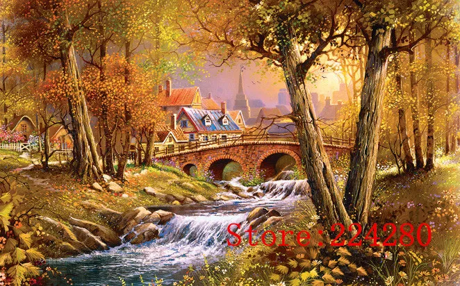 The bridge brook scenery Autumn forest  Needlework Crafts 14ct Handmade Embroidery Counted Cross Stitch Kits Set DIY Home de