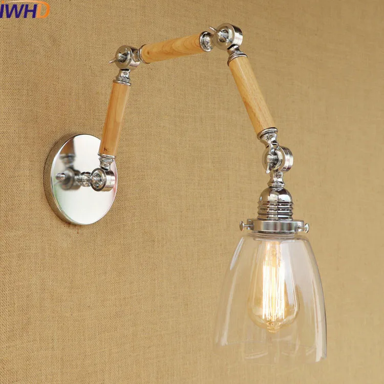 

Vintage industrial style loft Arandela long arm wall lamp adjustable Handle Glass Wood Wall Light Fixtures Lighting Stairs