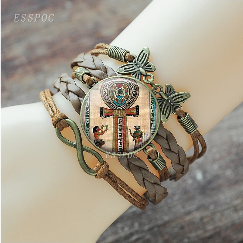 Egyptian Ankh Cross Bracelet Vintage Ancient Egypt Anubis Scarab Goddess Retro Brown Multilayer Leather Bracelet for Men Women