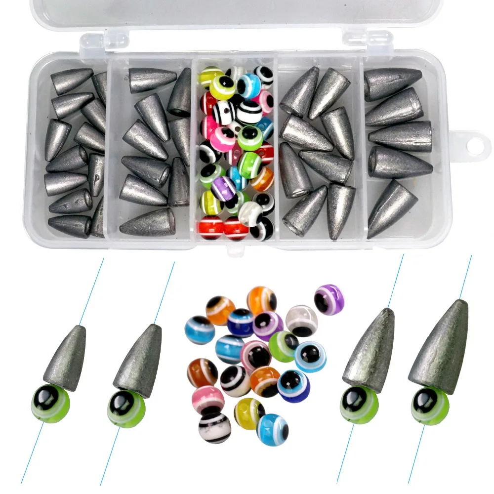 64pcs Fishing Sinkers Kits 3.5g 5g 7g 10g Bulllet Lead Sinker Weights Sets Fish Eye Fishing Beads Freshwater Fishing Leads