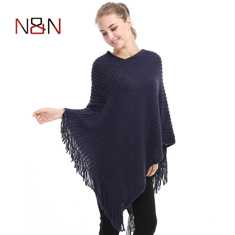 Casual de malha feminina poncho mais sólido cachecol listrado camisola inverno borla fina primavera blusas batwing manga poncho e capa