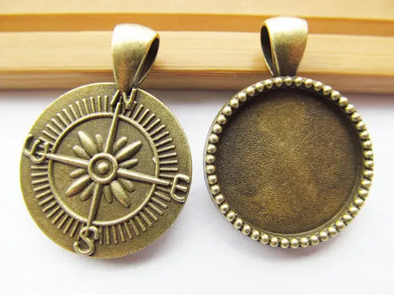 100pcs Heavy Antique Bronze/Anque Silver tone Vintage Compass Base Setting Pendant Charm/Finding,20mm Cabochon/Cameo Tray Bezel