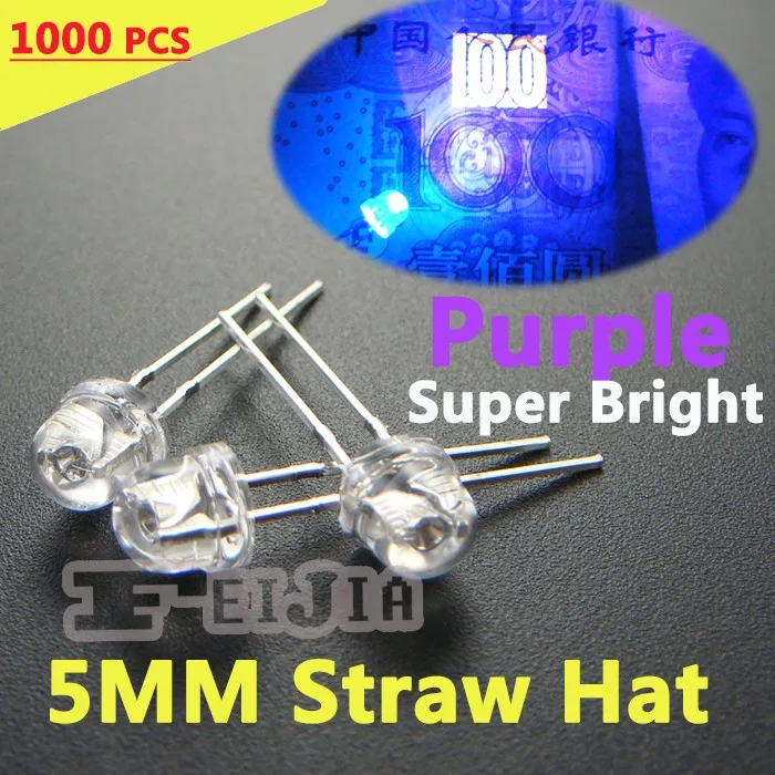 

1000 pcs 5mm Straw Hat Purple LED Water Clear Lndicator lights Super bright Wide Angle LED Diode UV LED Free Shipping