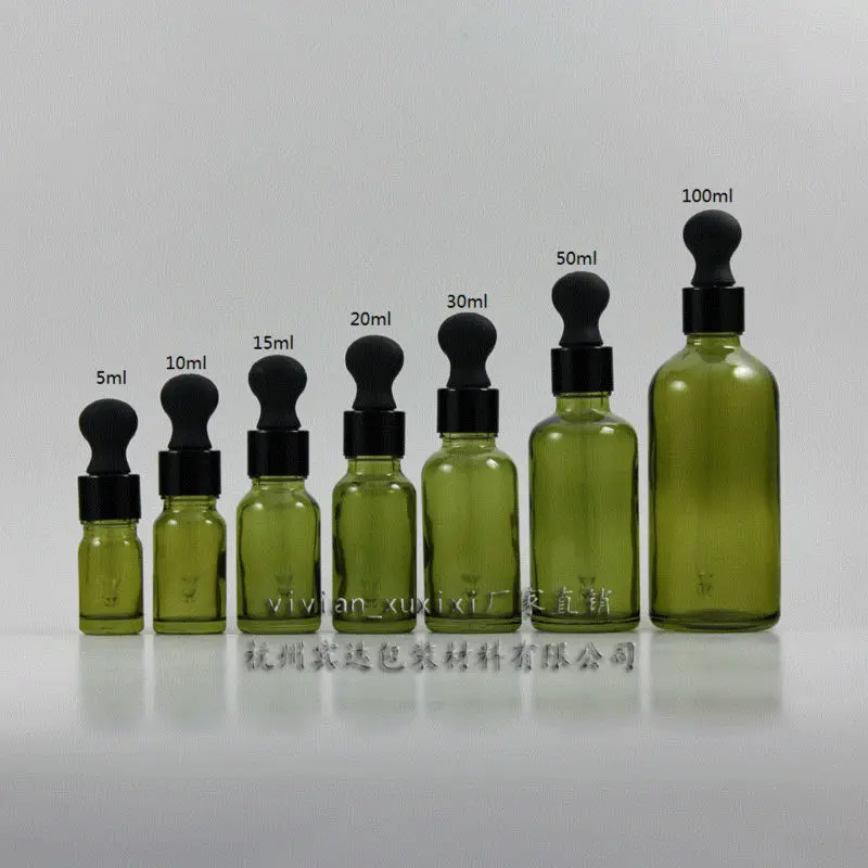 

15ml olive green Glass Essential Oil Bottle With aluminum (black ring+black rubber) dropper cap. Essential Oil Container