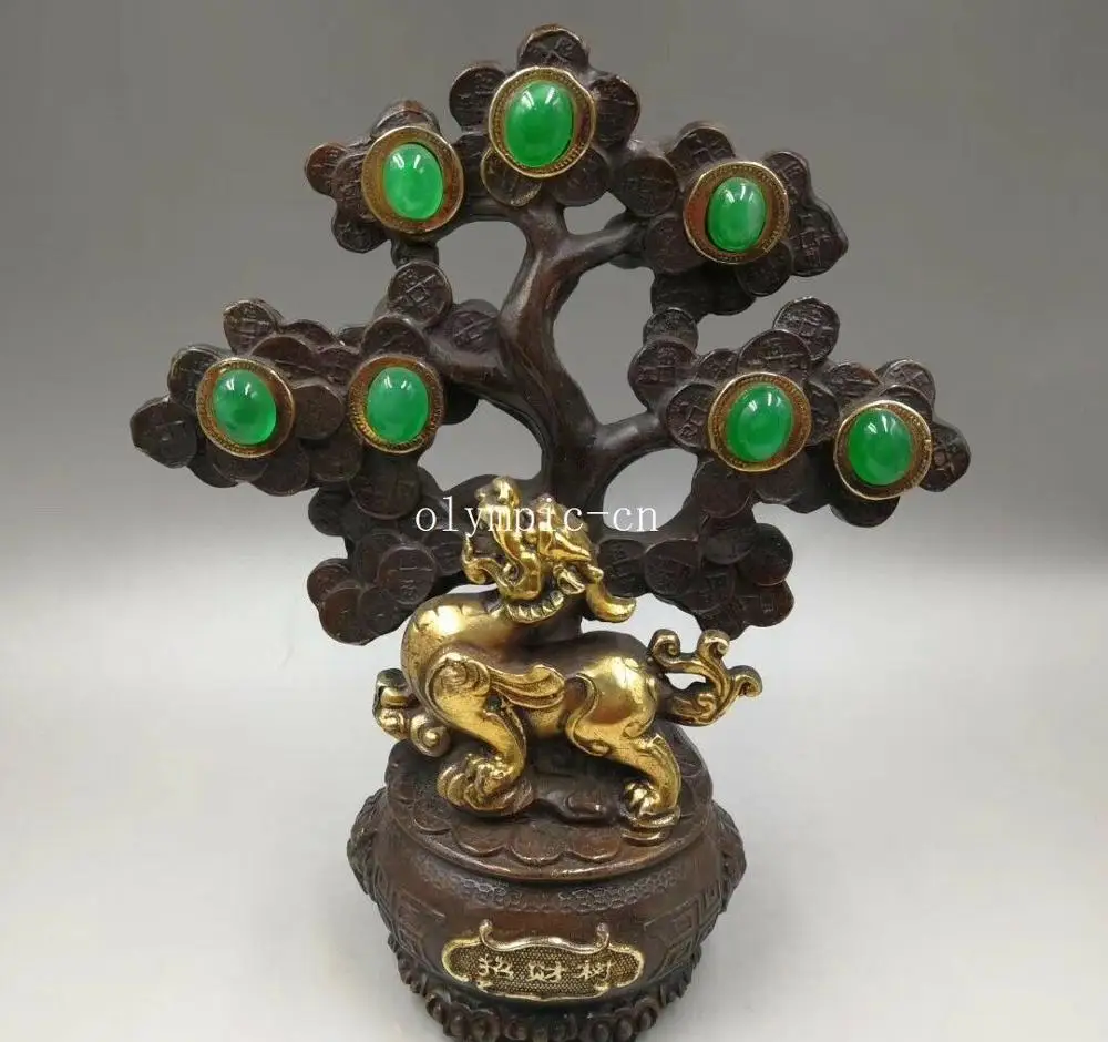 12'' bronze copper Gem home fengshui wealth tree cornucopia beast dragon kylin