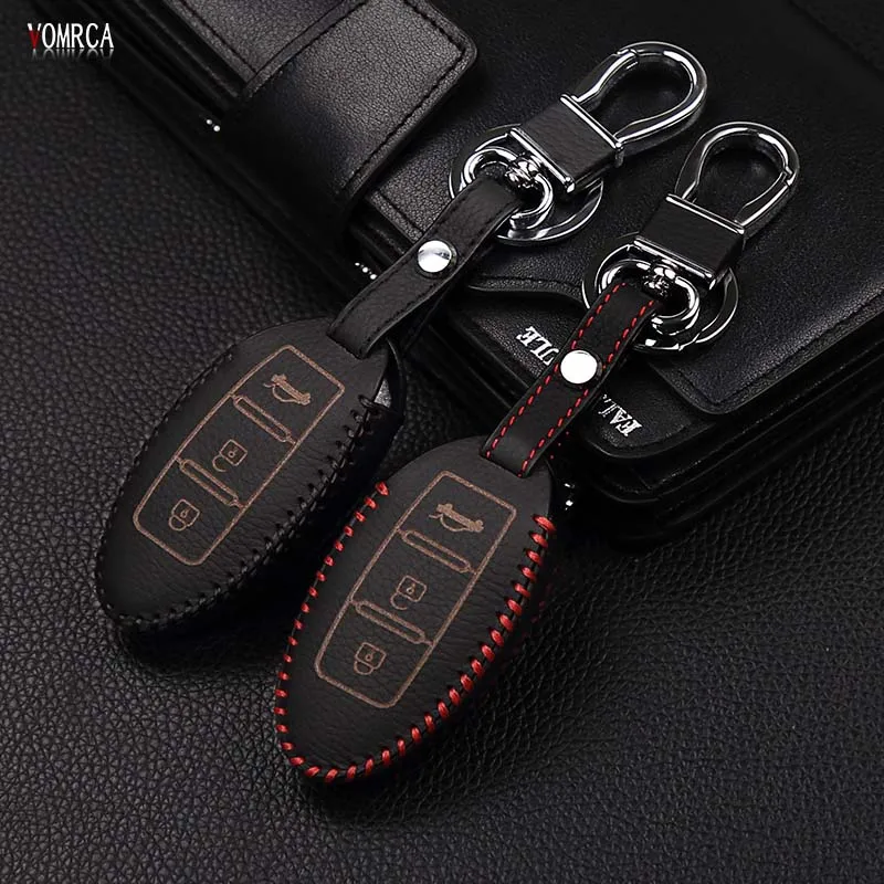 Leather Key Covers Case For Nissan Qashqai Pathfinder Versa Tidda Murano Rogue X-Trail Smart Car Key Jacket With Keychains