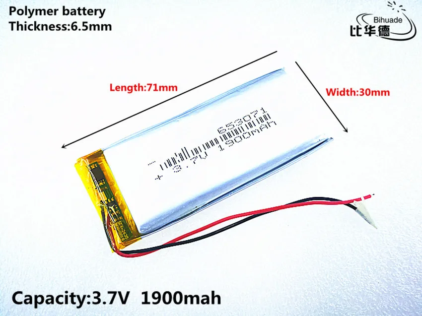 Good Qulity 3.7V,1900mAH,653071 Polymer lithium ion / Li-ion battery for TOY,POWER BANK,GPS,mp3,mp4