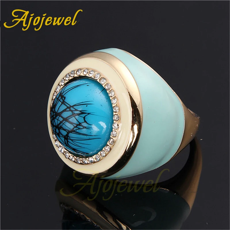 Ajojewel Large Blue Natural Stone Ring With Rhinestones Luxury Womens Fashion Finger Jewelry Fine Gifts