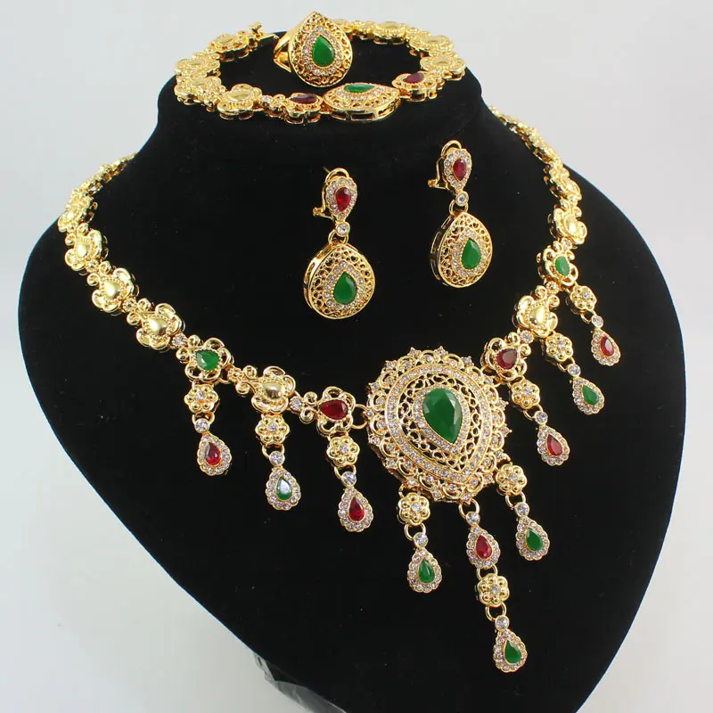 Fashion African Beads Red/Green Gem Stone Rhinestone Costume Fine Jewelry Sets  Gold color Crystal Women Wedding Party Set