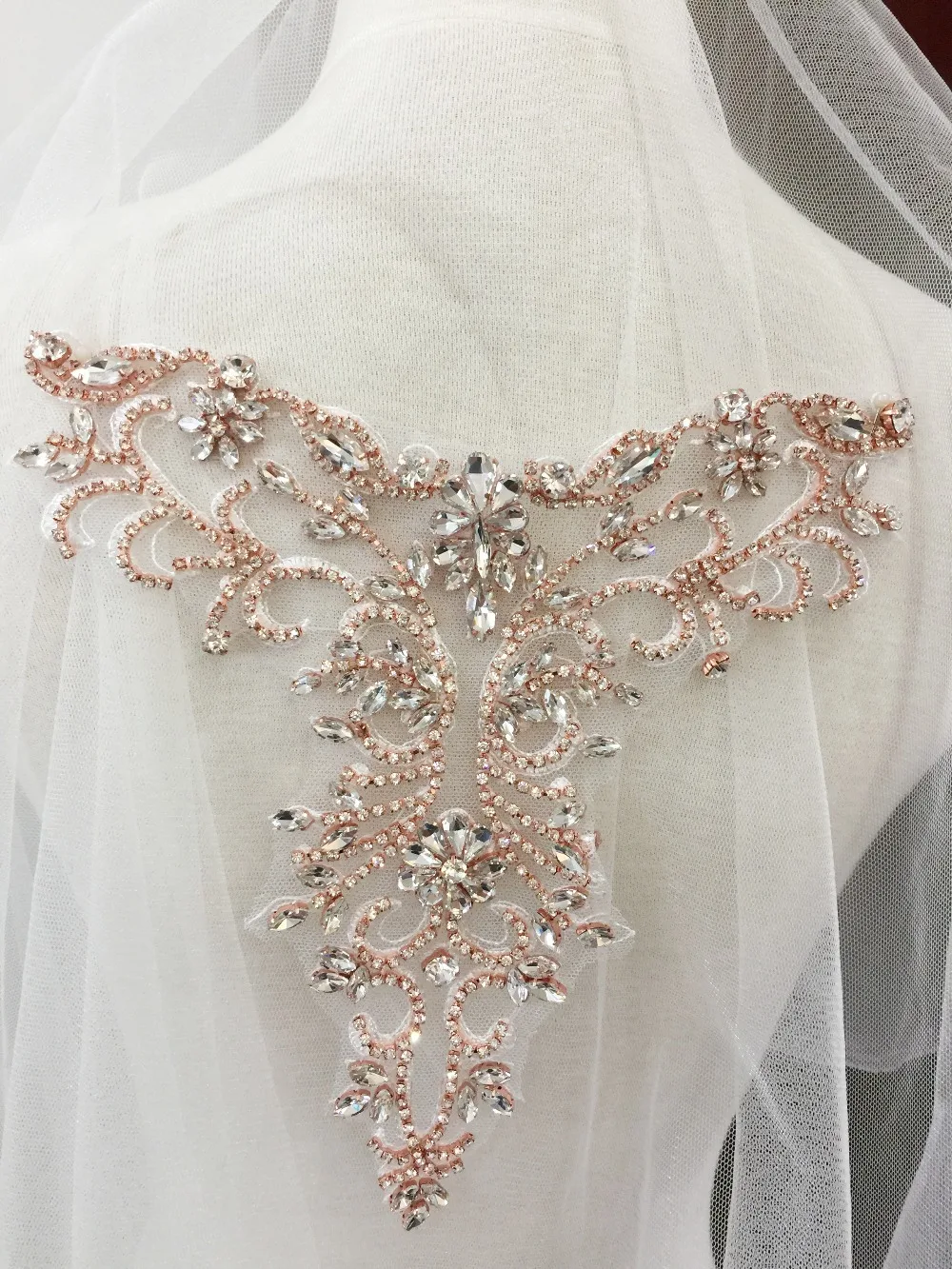 Silver Rose Gold  Delicate rhinestone applique collar, beaded diamante applique , wedding sash bridal belt applique