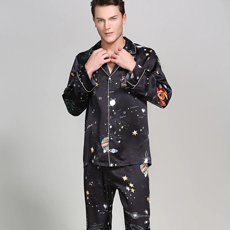 16 momme Starry sky 100% genuine silk pajamas sets men indoor stars noble Long sleeve quality silk sleepwear Male T9020