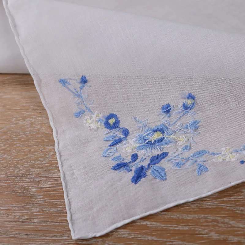 S005-B : Delicate 100% cotton Handmade Embroidered/ hand embroidery blue rose handkerchief