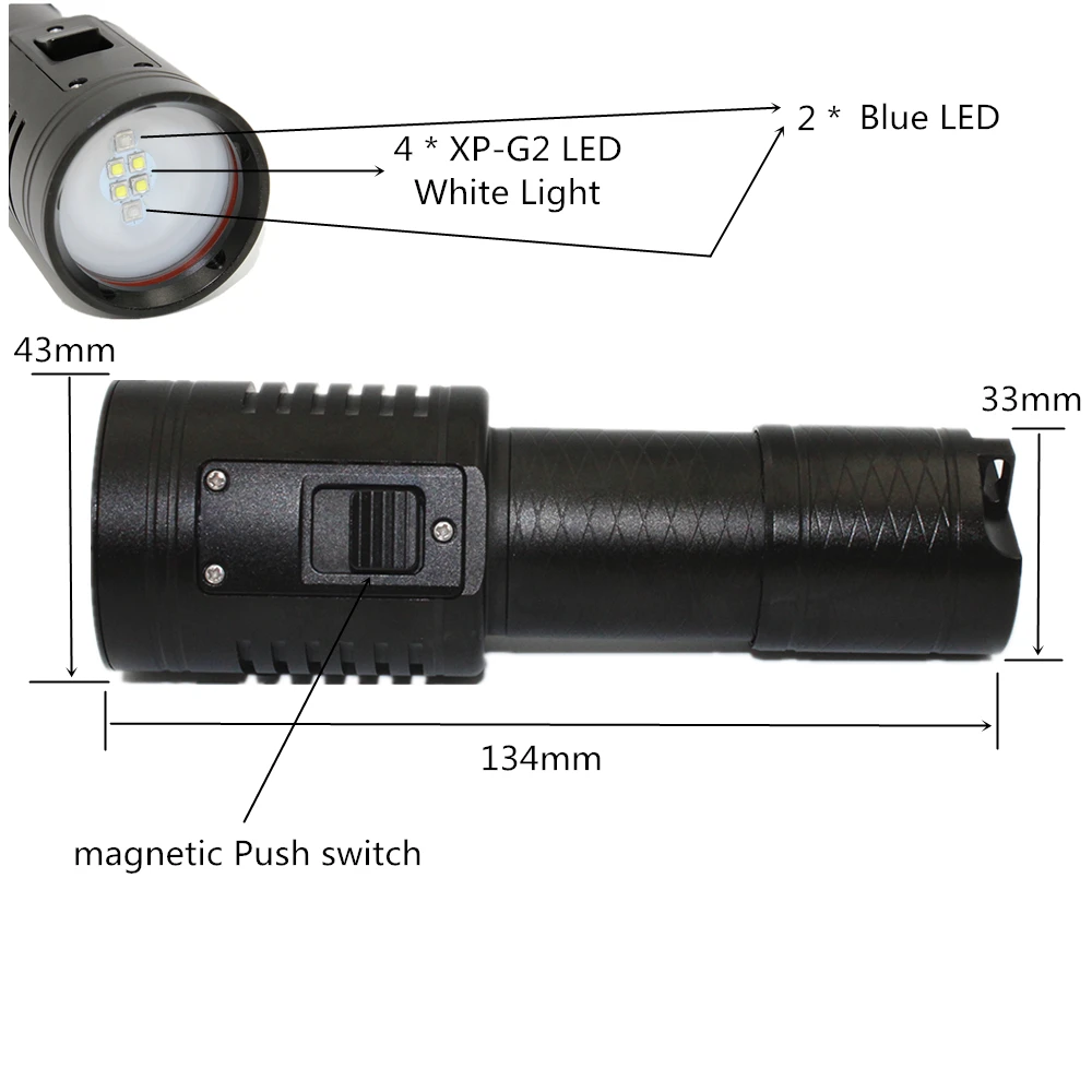 UV Diving Flashlight Underwater Photography Video Light 2x 365nm UV Lights + 4x XP-G2 White  LED Scuba Torch Photo Lamp