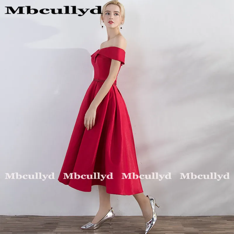 Mbcully-elegante vestido de fiesta rojo Simple para mujer, vestido Sexy de satén con hombros descubiertos para ocasión especial, vestido de gala, oferta barata, 2020