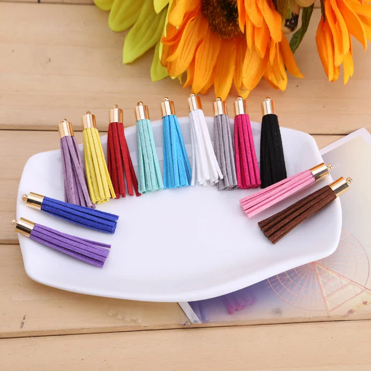 10 adet uzunluk 50mm süet kore kadife püskül DIY küpe bulgular altın renk püskül Charm kolye el yapımı anahtarlık aksesuarları