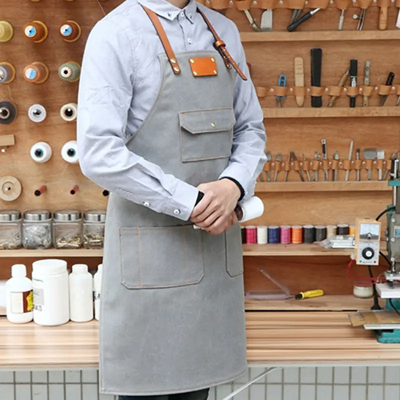 Canvas Apron Cowhide Leather Strap Barber Hairdresser Florist Gardener Artist Workwear Barista Bartender Bakery Chef Uniform K1