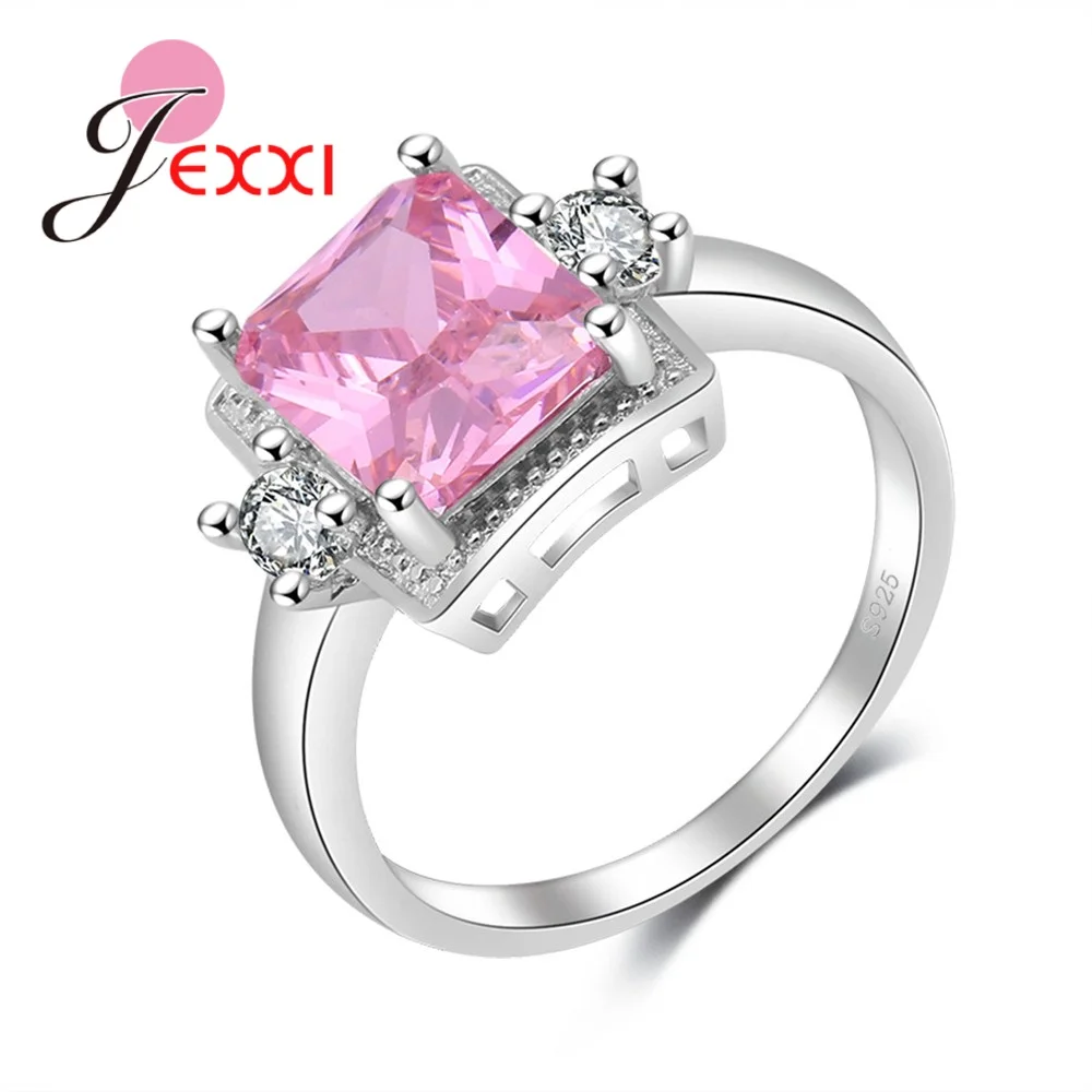 Latest Beautiful Shinning Pink Square Cubic Zirconia Fashion Romantic Classic 925 Sterling Silver  Rings For Girls/Women