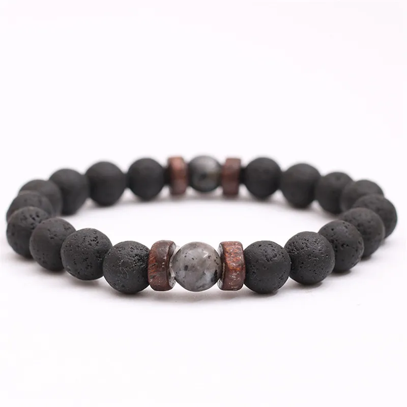 YIZIZAI Natural Lava Rock Stone Beads Strand Bracelet Wooden bead Accessories Black Charm Stone Men Women Jewelry Gift