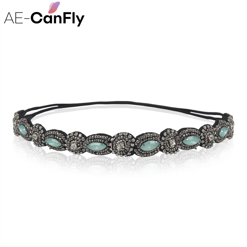 AE-CANFLY Vintage Black Queen Shiny Crystal Beads Elastic Headband Women Hair Accessorie 1H5004