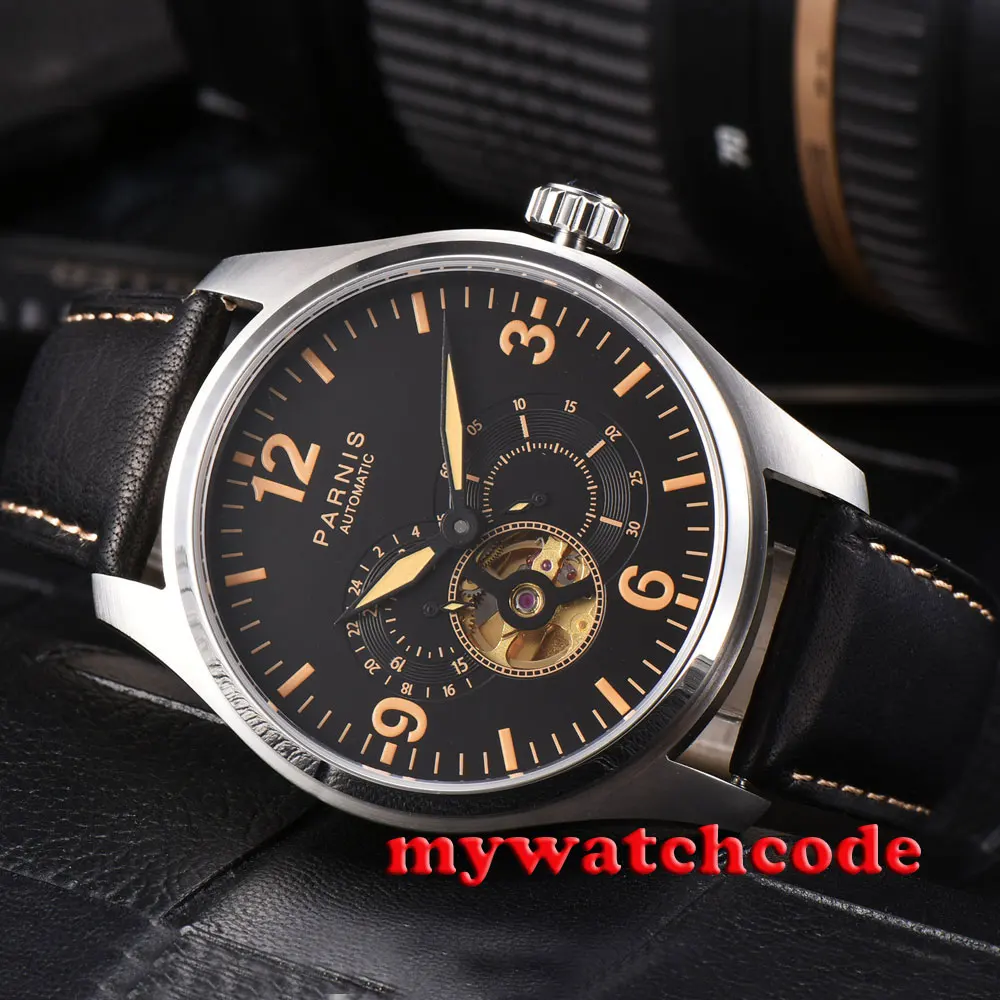 44mm Parnis Black Dial Orange Marks Date Golden 21 Jewels Miyota Automatic Mens Watch Leather Strap Glass Back P817