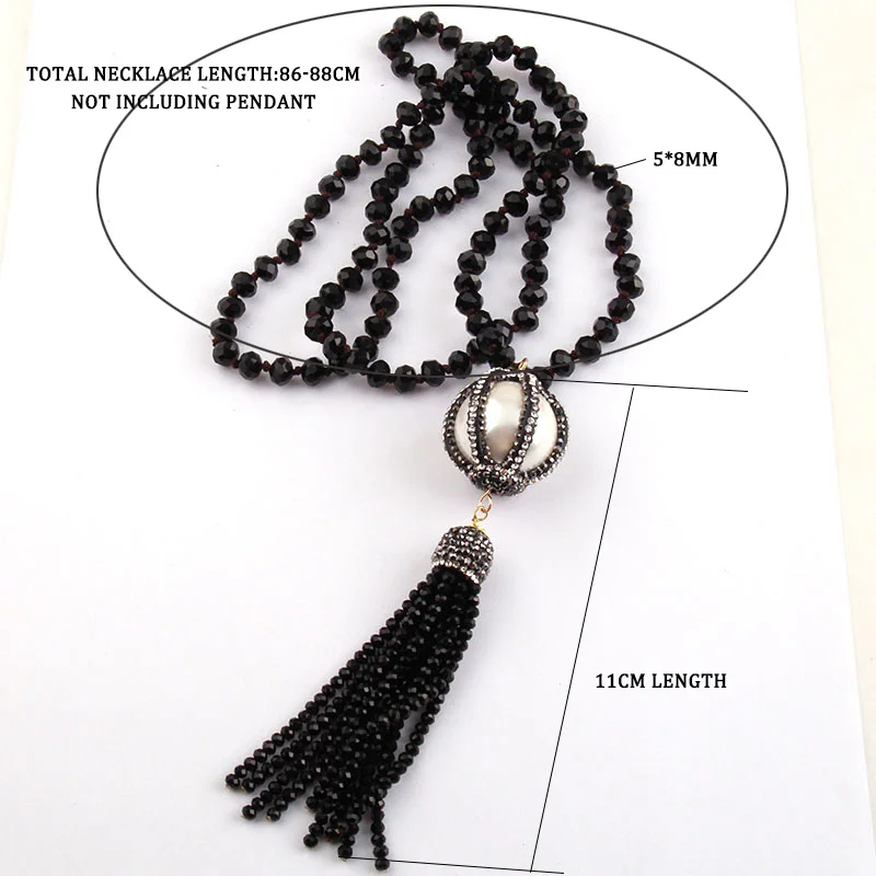 Fashion Bohemian Tribal Jewelry Black/White Crystal Glass Knotted Handmake Paved Big Ball and Tasse Necklaces