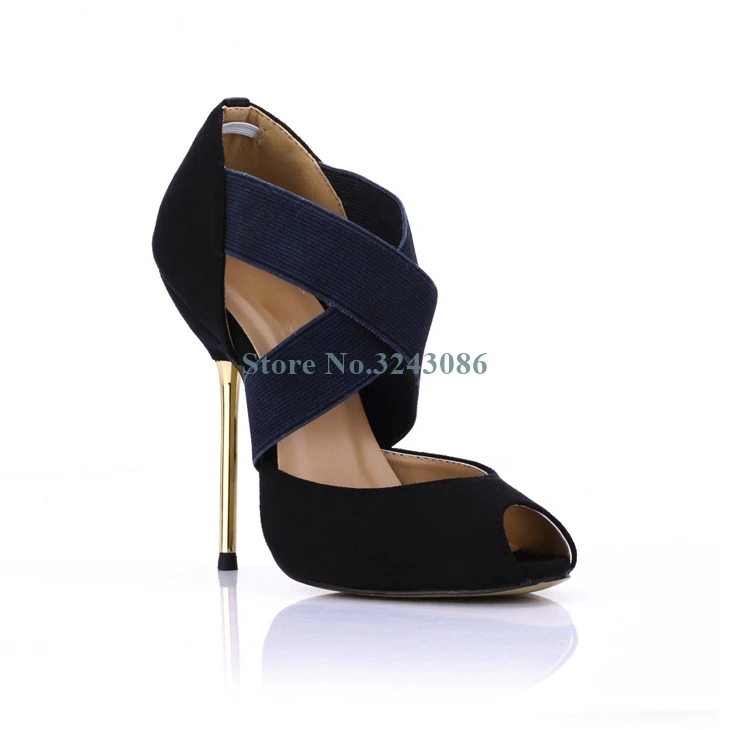 

Peep Toe Faux Suede Thin High Heel Pumps Elastic Cord Cross Tied Stiletto Heel Pumps Two Type Dress Shoes New Arrival