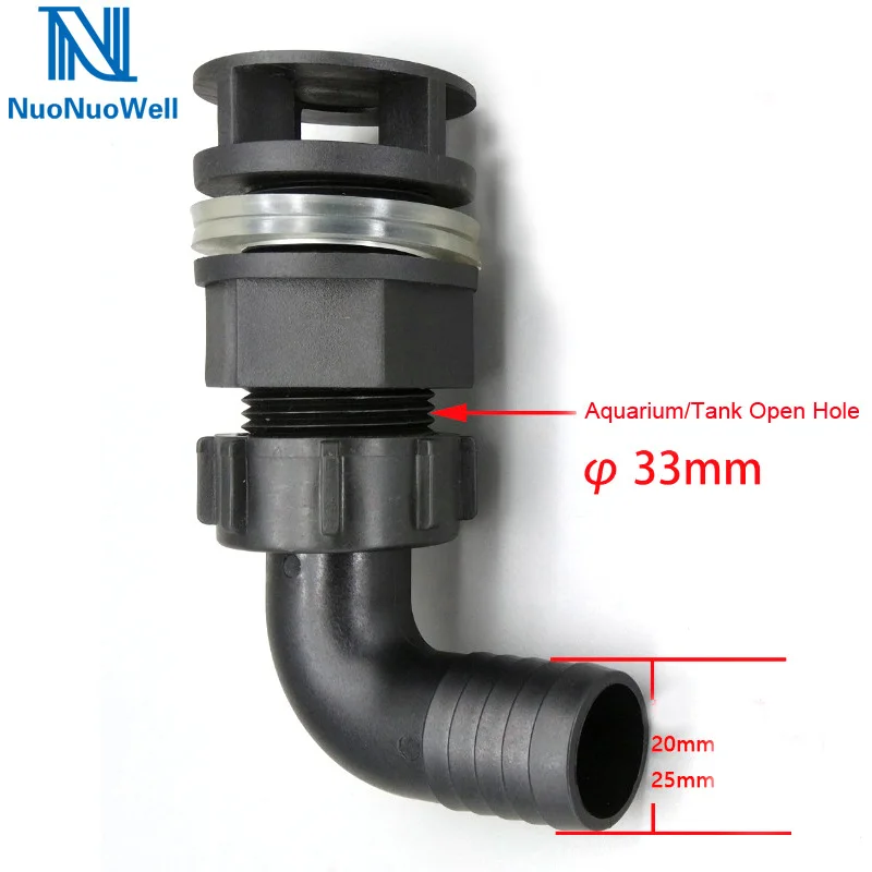 NuoNuoWell conector de mampara de codo de acuario, cubos de 20mm/25mm, tubería de salida inferior, accesorio de drenaje para estanque de peces