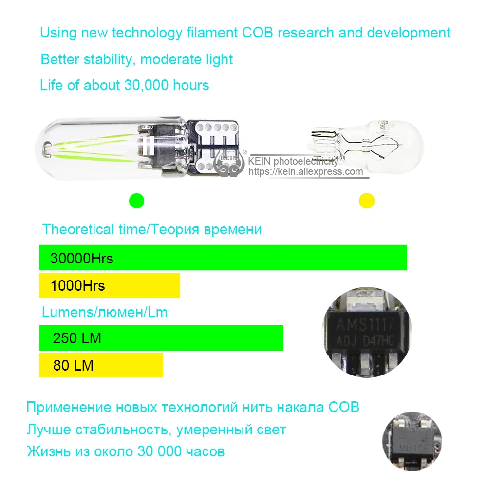 KEIN 2 uds bombilla Led T10 w5w 194 lámpara 5w5 wy5w filamento COB vidrio Interior cúpula señal de lectura estacionamiento luz blanca cálida para coche 12V