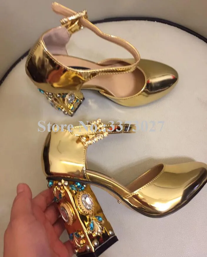 New Gold Color Rhinestone Chunky Heels Lady Sandals Jeweled High Heels Pumps Women Crystal Buckle Wedding Shoes Mujer Party Shoe