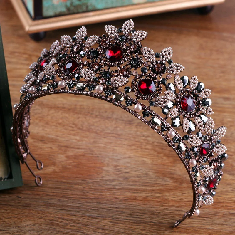 Vintage Baroque Queen King Bride Red Crystal Tiara Crown For Women Headdress Prom Bridal Wedding Hair Jewelry Accessory HQ-59