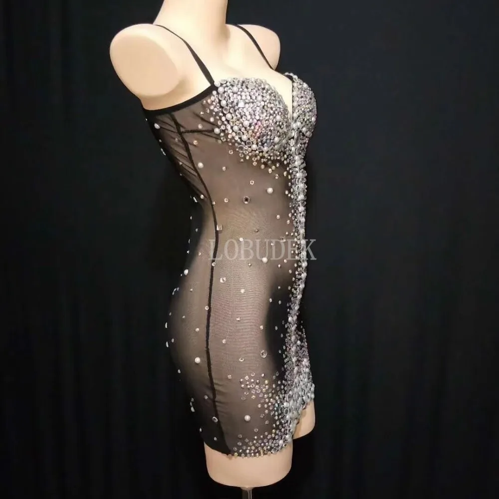 女性のセクシーなボディスーツドレスバーナイトクラブ透明光沢のあるラインストーン歌手ステージパフォーマンス仮装パーティー誕生日ビーズガウン