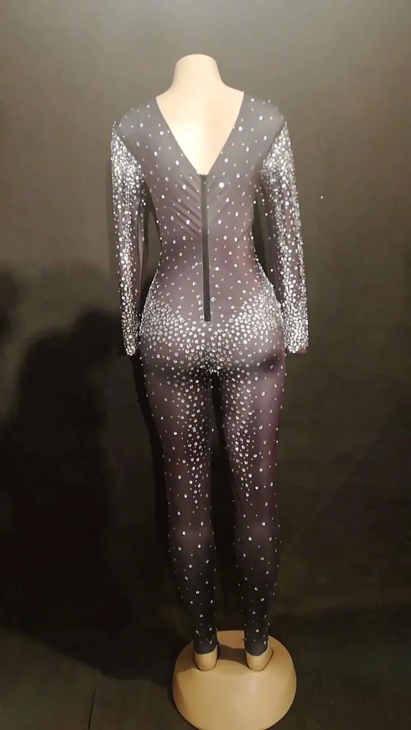 Sexy Stage Stretch Rhinestones Jumpsuit Women's Stage Nightclub Birthday Costume Dance Outfit Performance Rompers Dance Jumpsuit