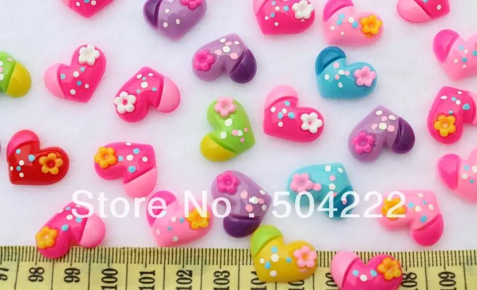 

200pcs assorted Resin cute polk dots heart w/ flower Cabochons colorful 20x18mm