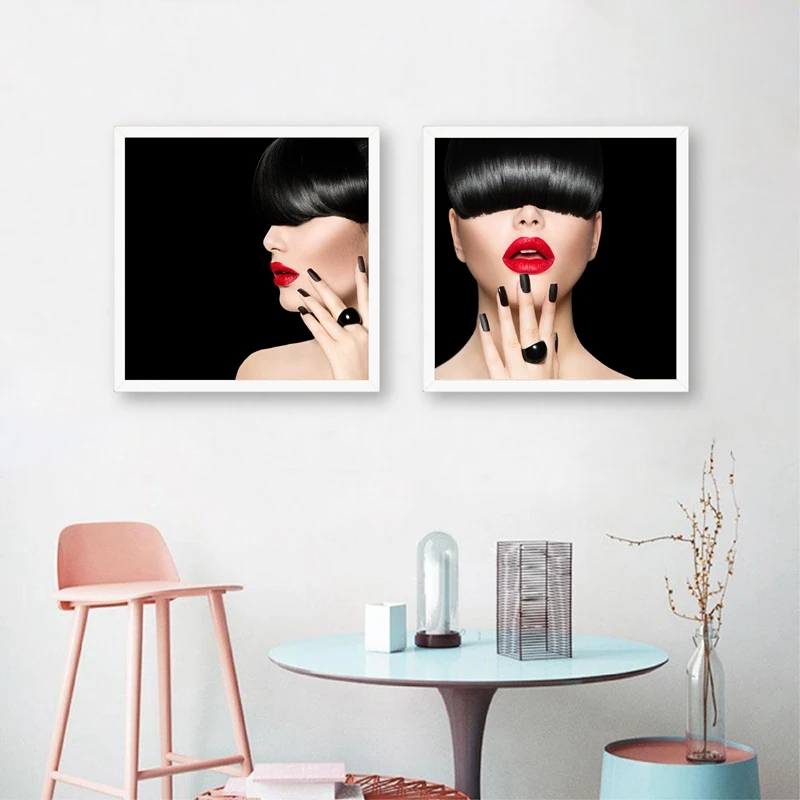 Fashion Model Girl Trendy Fringe Hair Style Prints Woman Makeup Lips Manicure Poster Canvas Painting Beauty Salon Wall Art Decor